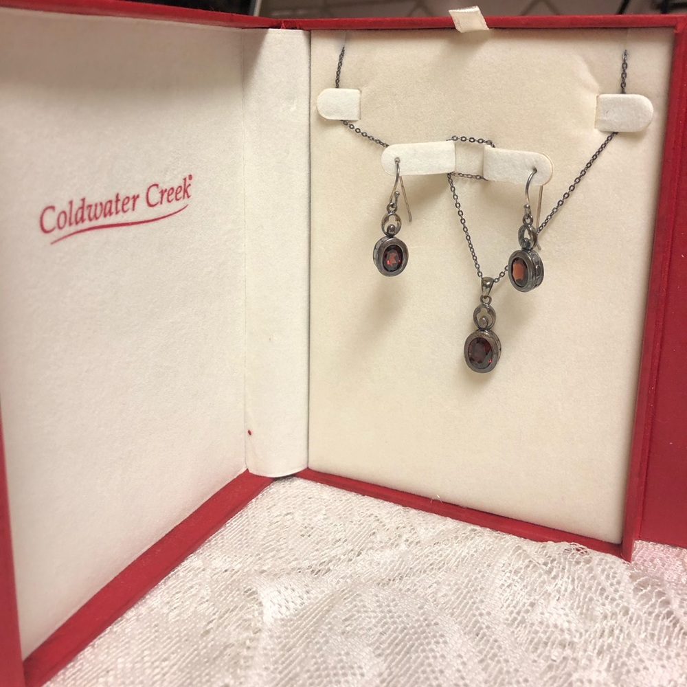 Coldwater Creak Garnet Silver Set Ear/Neck.New